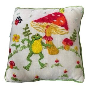 Whimsical Frog & Mushroom Embroidered Throw Pillow Cottagecore Fairycore Décor